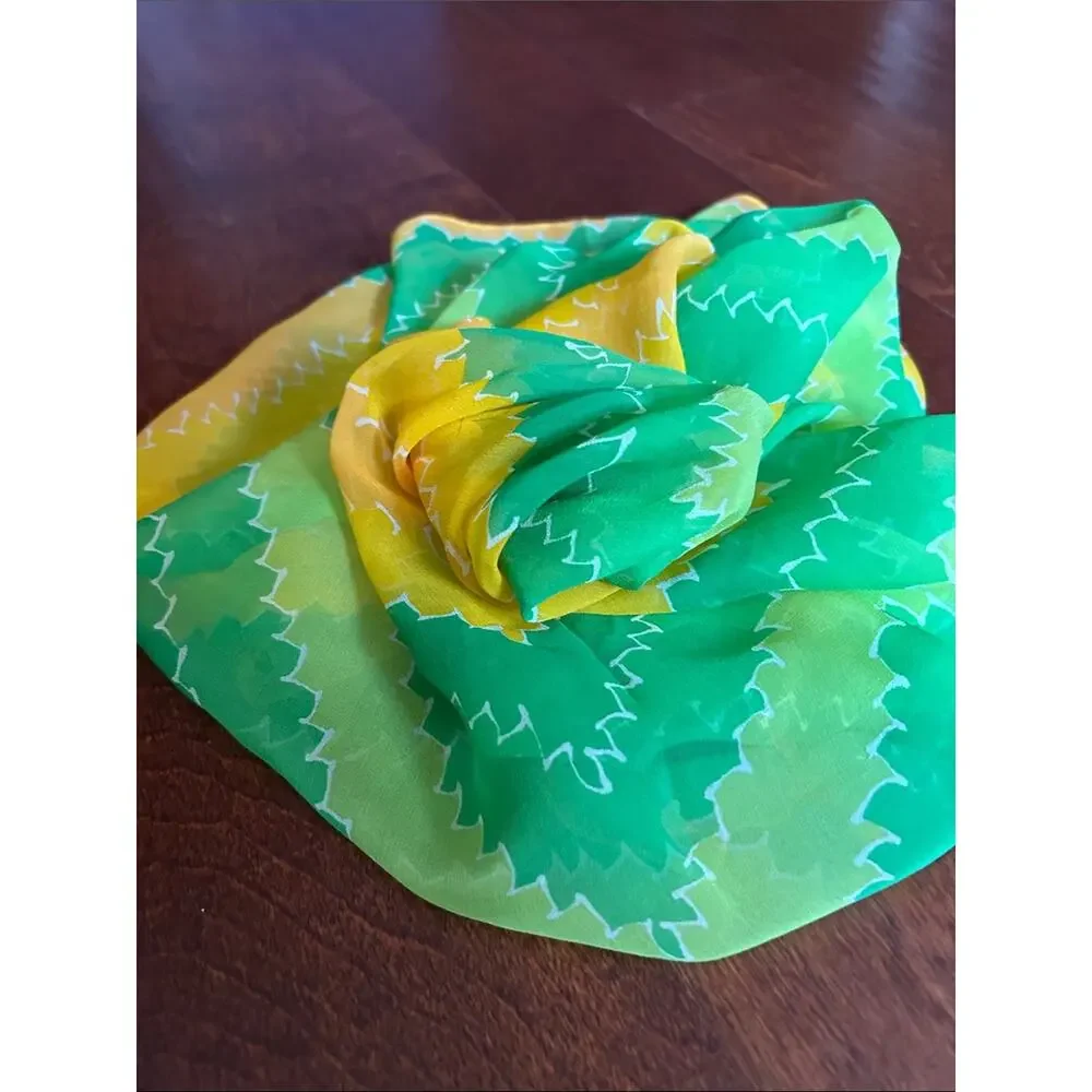 Vintage Silky Lightweight Green and Yellow Geometric Scarf